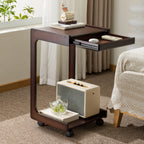 Rolling Rectangle Wooden C Shaped Side Table With Drawer