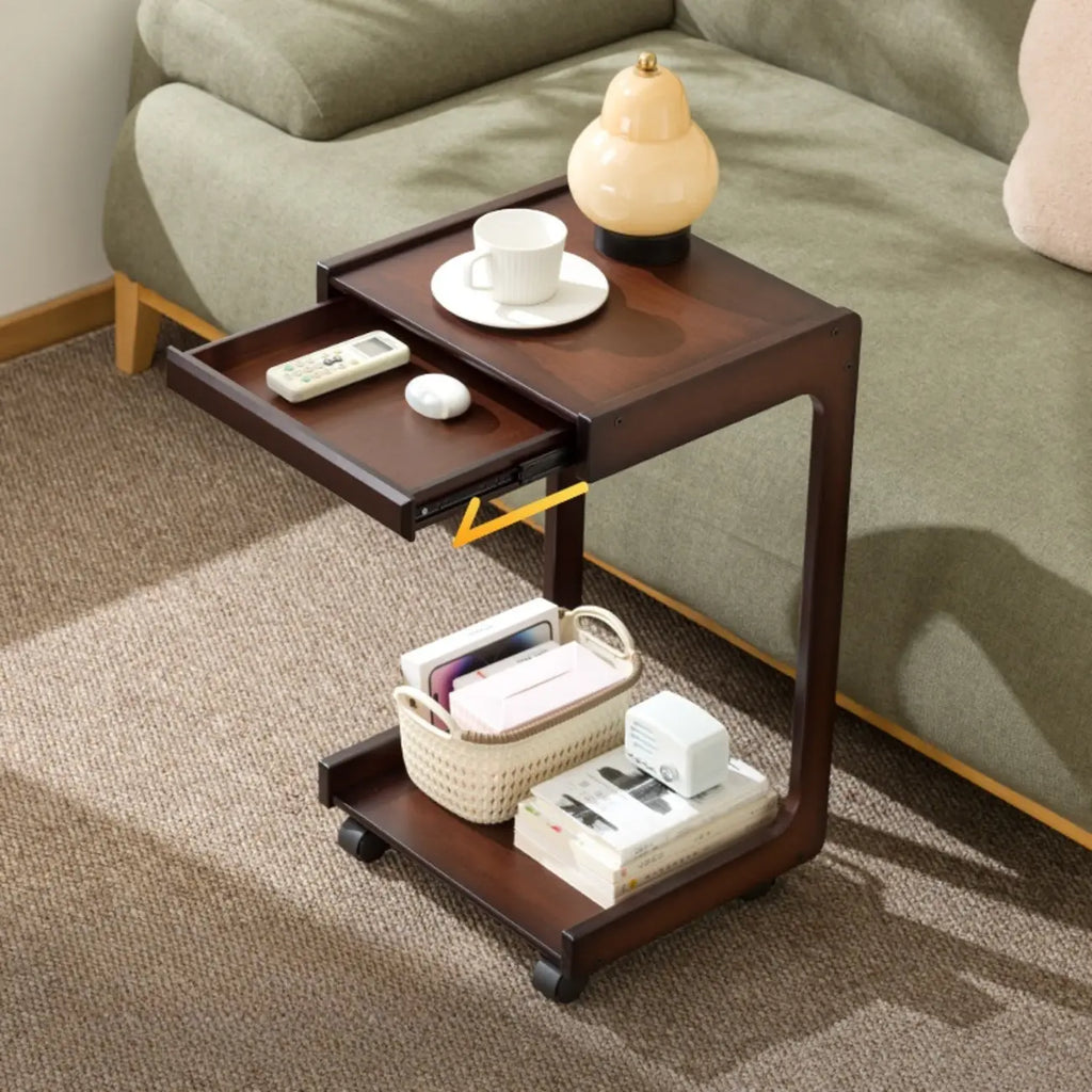 Rolling Rectangle Wooden C Shaped Side Table With Drawer