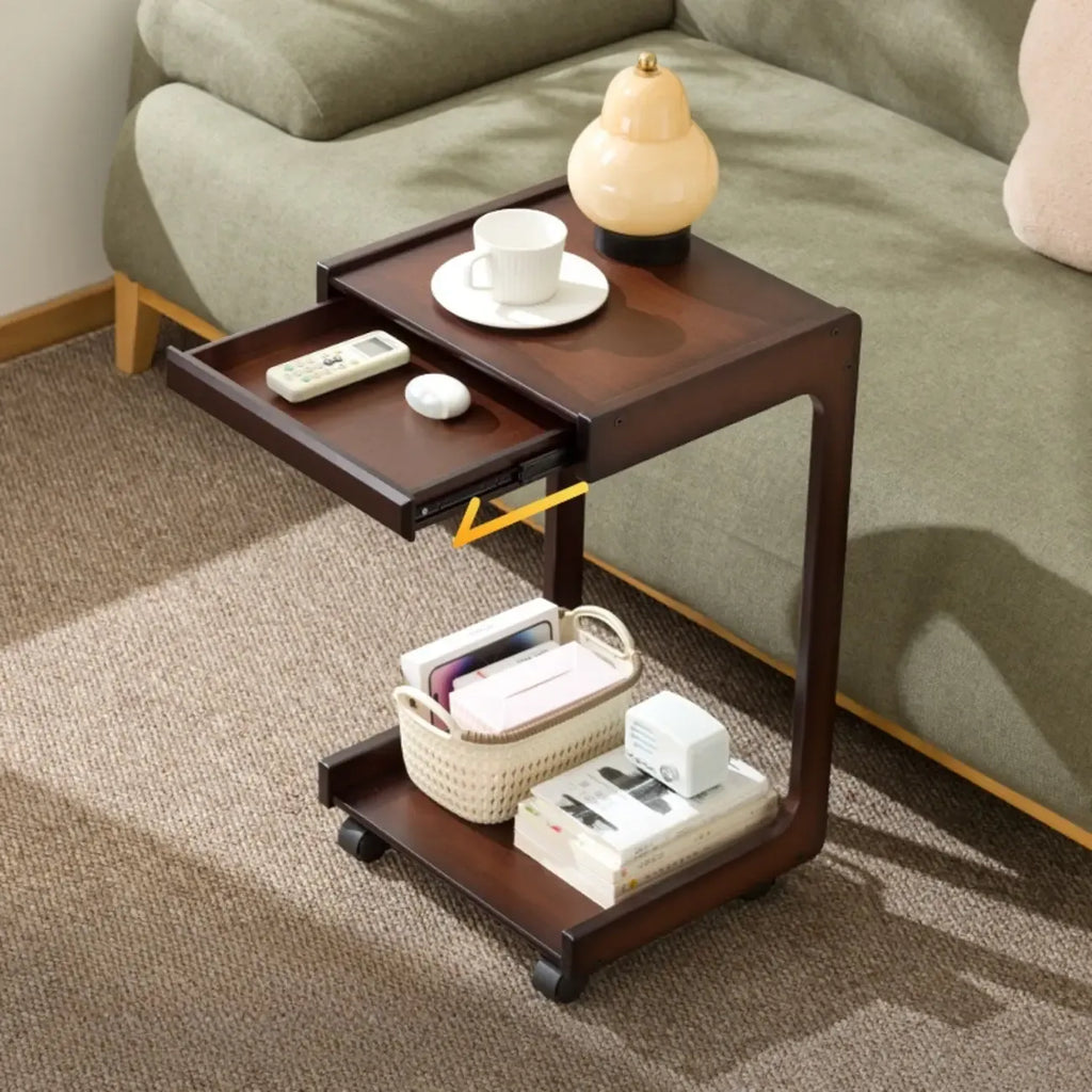 Rolling Rectangle Wooden C Shaped Side Table With Drawer