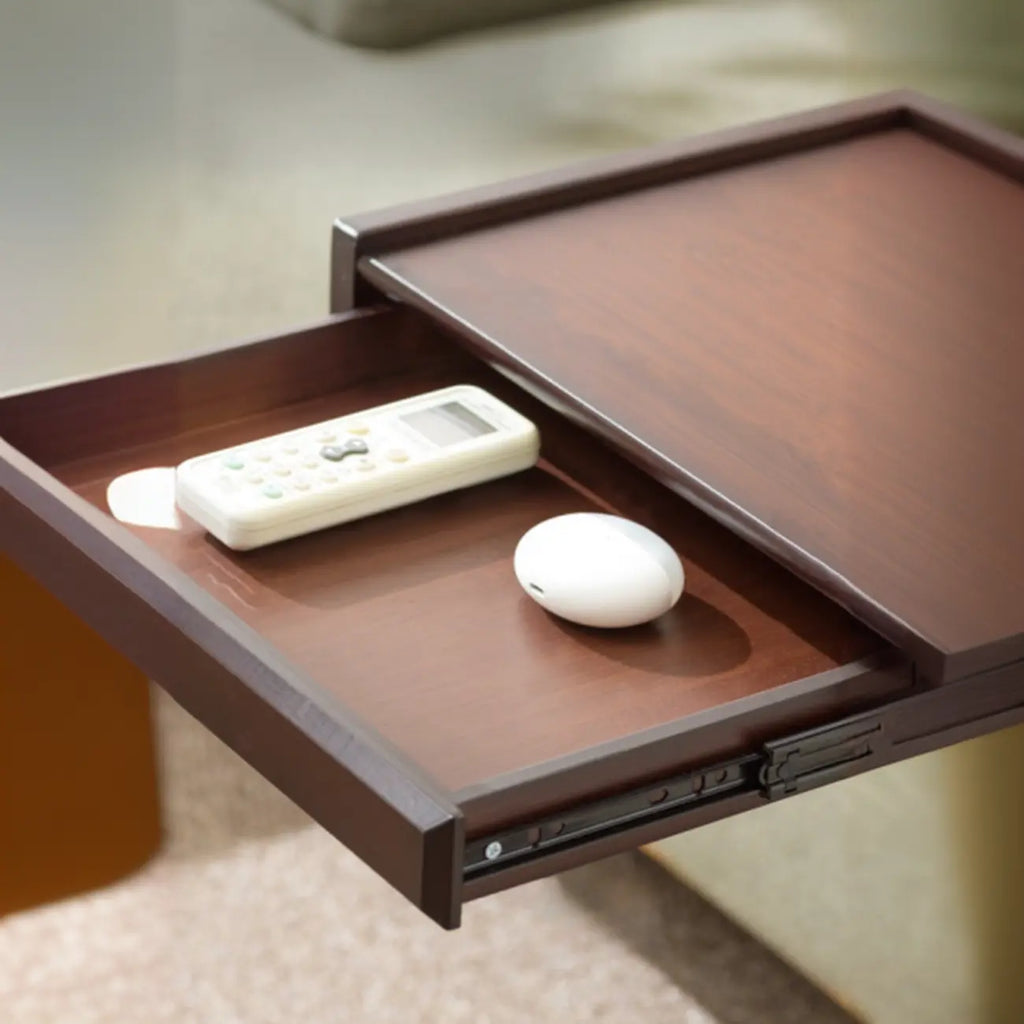 Rolling Rectangle Wooden C Shaped Side Table With Drawer
