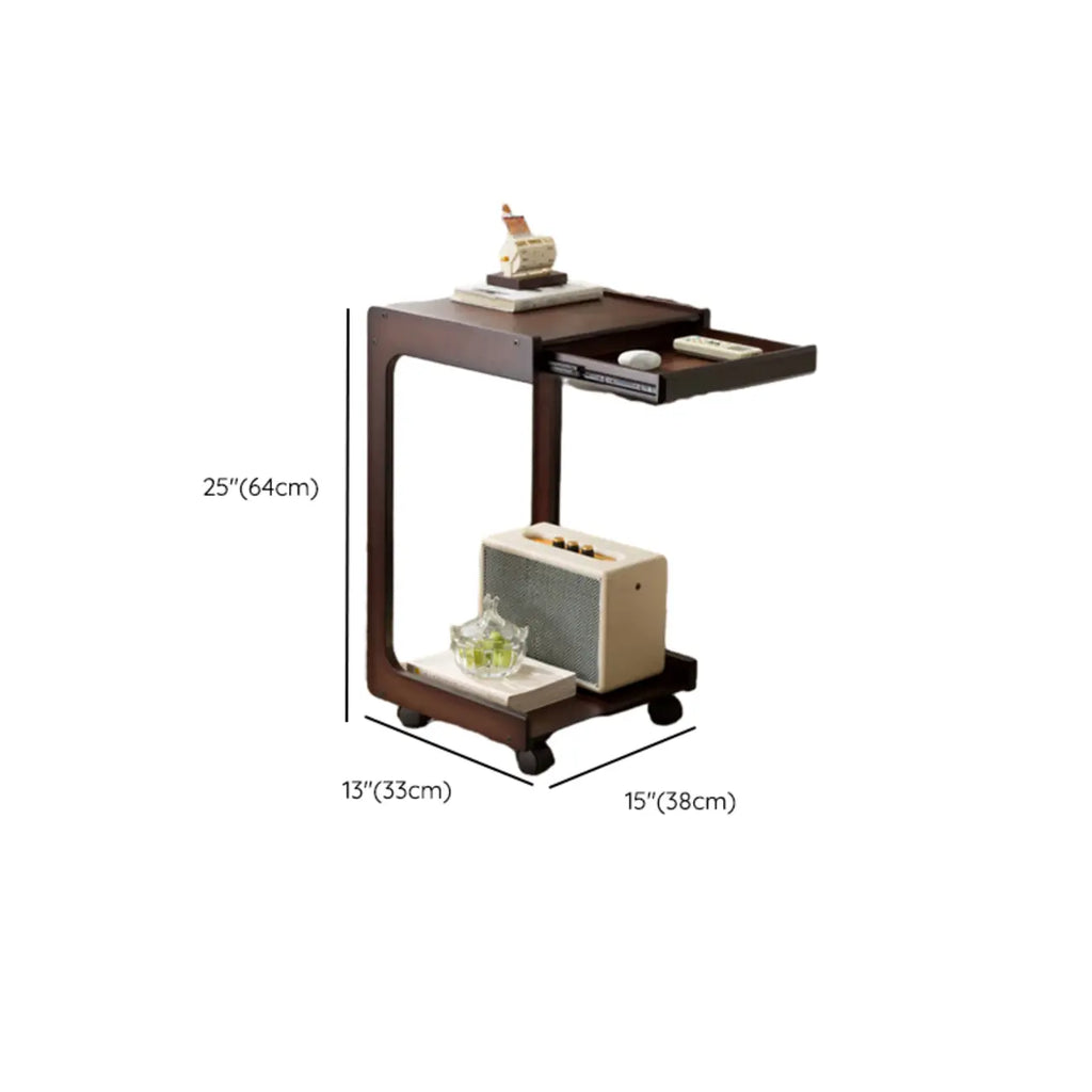 Rolling Rectangle Wooden C Shaped Side Table With Drawer