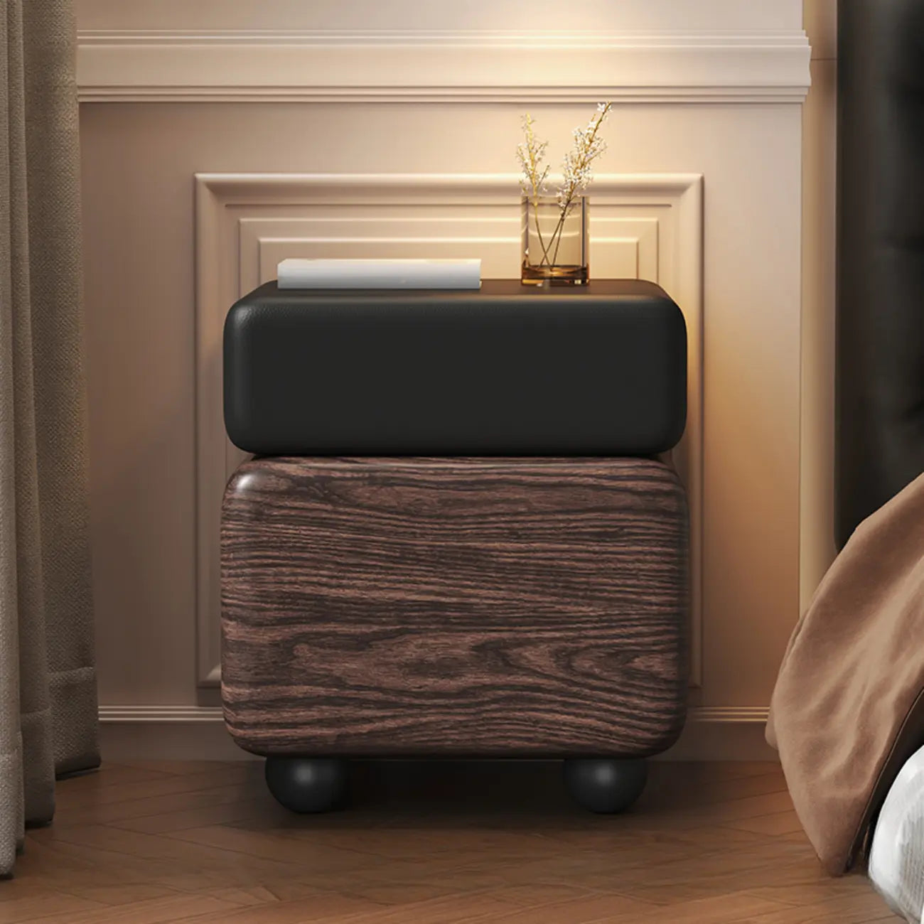 Black Walnut Finish Faux Leather 2-Drawer Nightstand