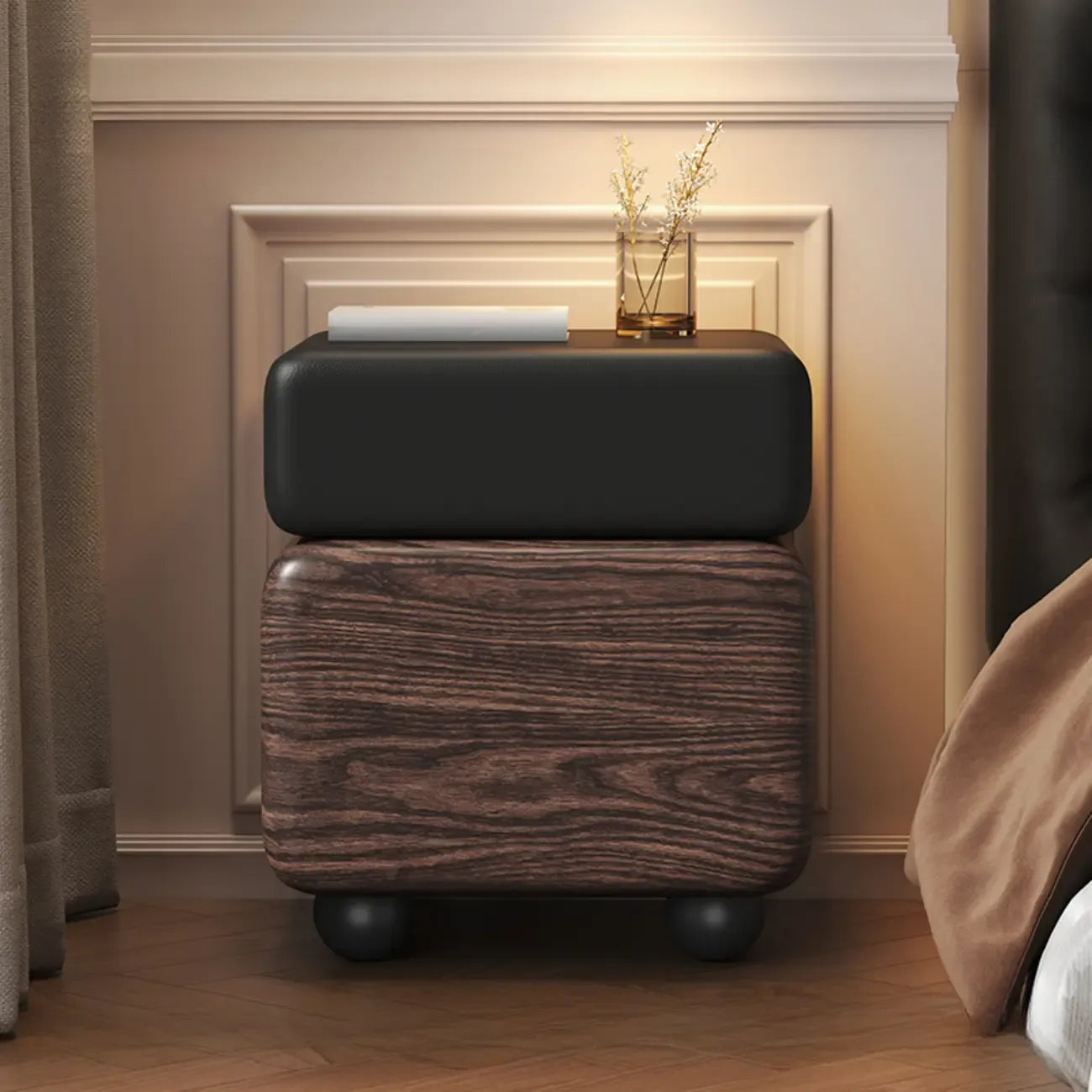 Black Walnut Finish Faux Leather 2-Drawer Nightstand