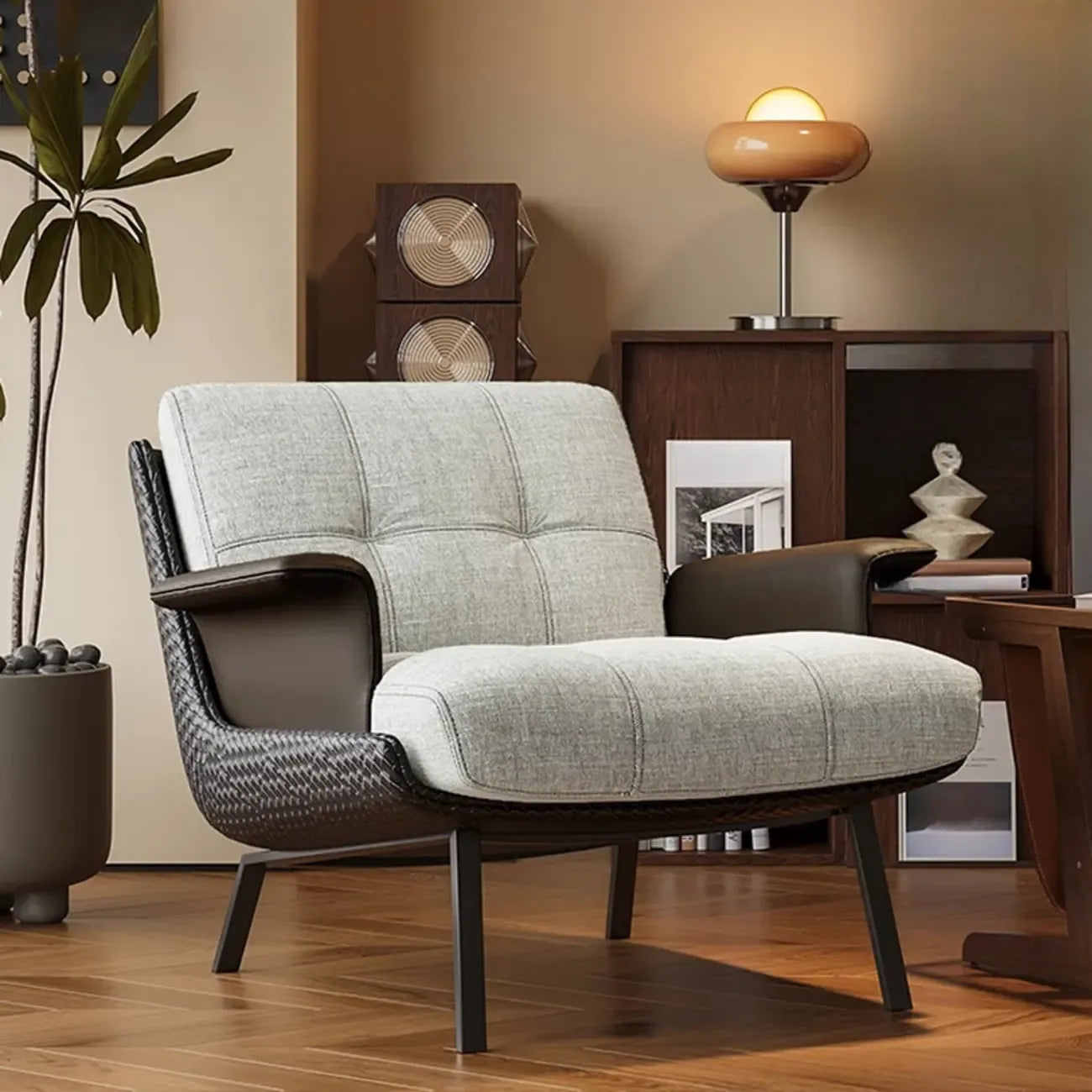 Modern Wingback Armrest Accent Chair Cotton Linen Fabric
