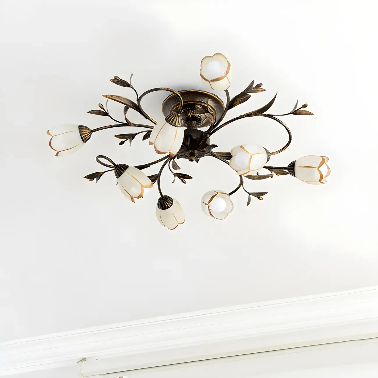 Antique Brass Vintage Floral Semi Flush Ceiling Light