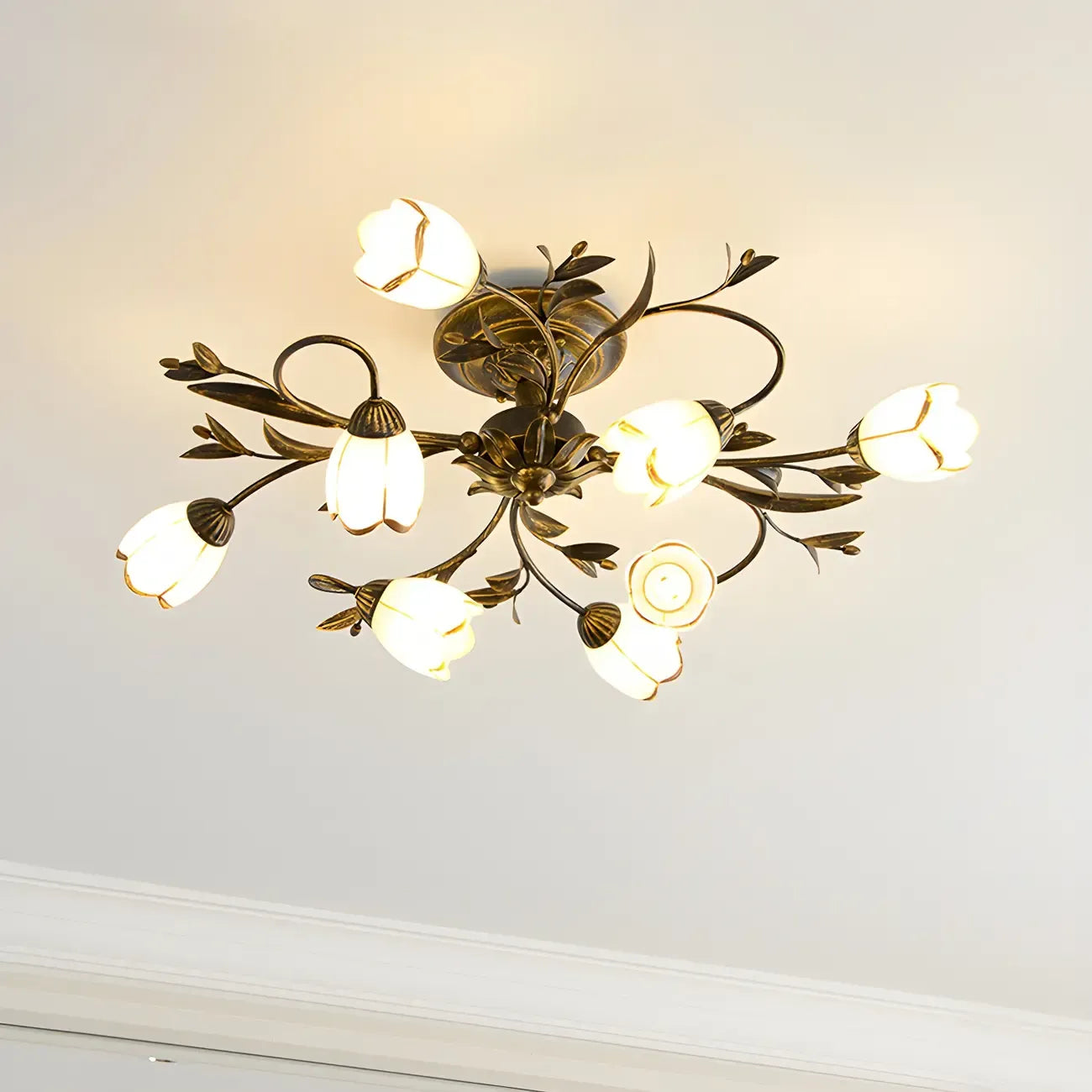 Antique Brass Vintage Floral Semi Flush Ceiling Light
