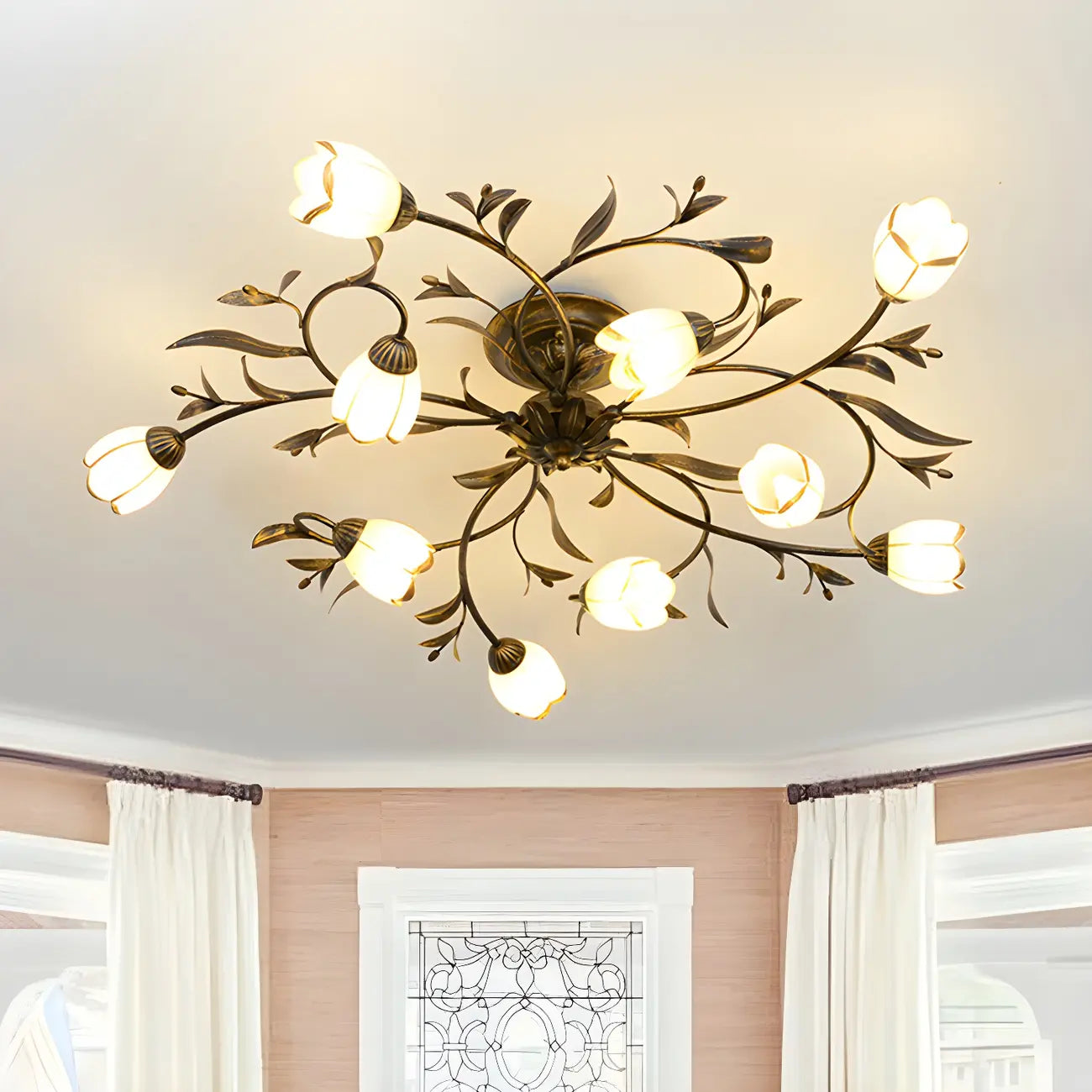 Antique Brass Vintage Floral Semi Flush Ceiling Light