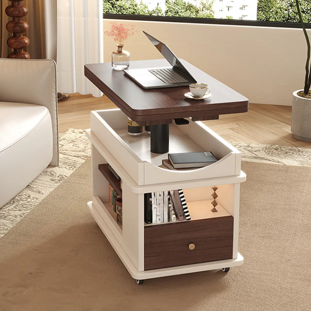 Rectangle Foldable Lift Top Wood Metal Side Table with Wheels
