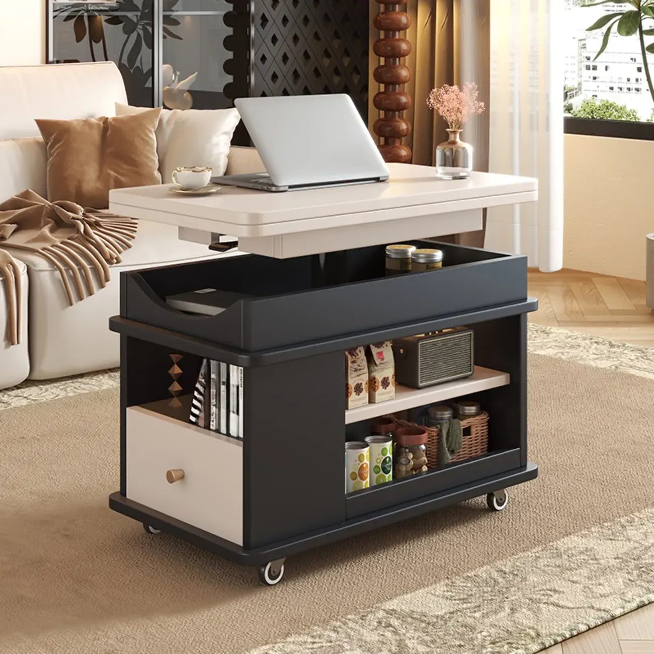 Rectangle Foldable Lift Top Wood Metal Side Table with Wheels