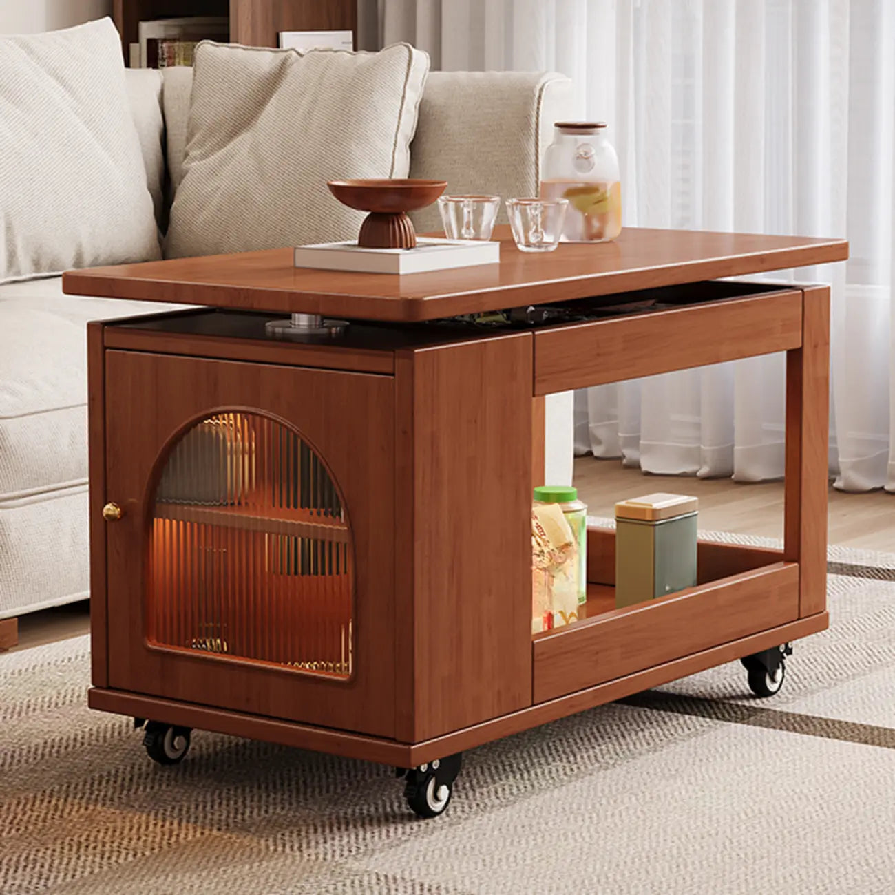 Adjustable Swivel Top Walnut Wood Wheel Side Table
