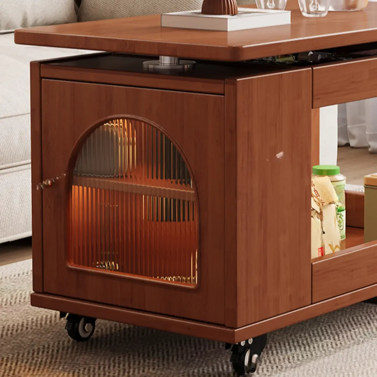 Adjustable Swivel Top Walnut Wood Wheel Side Table