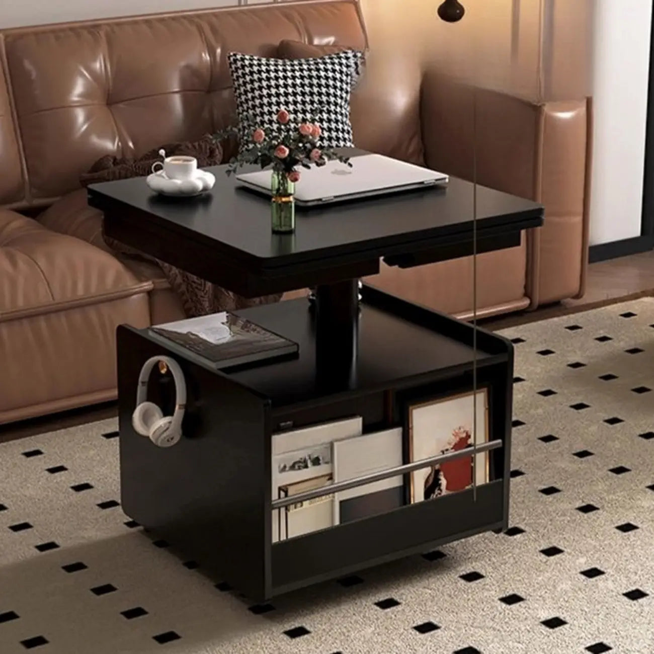Adjustable Modern Nut-brown Wood Rolling Coffee Table