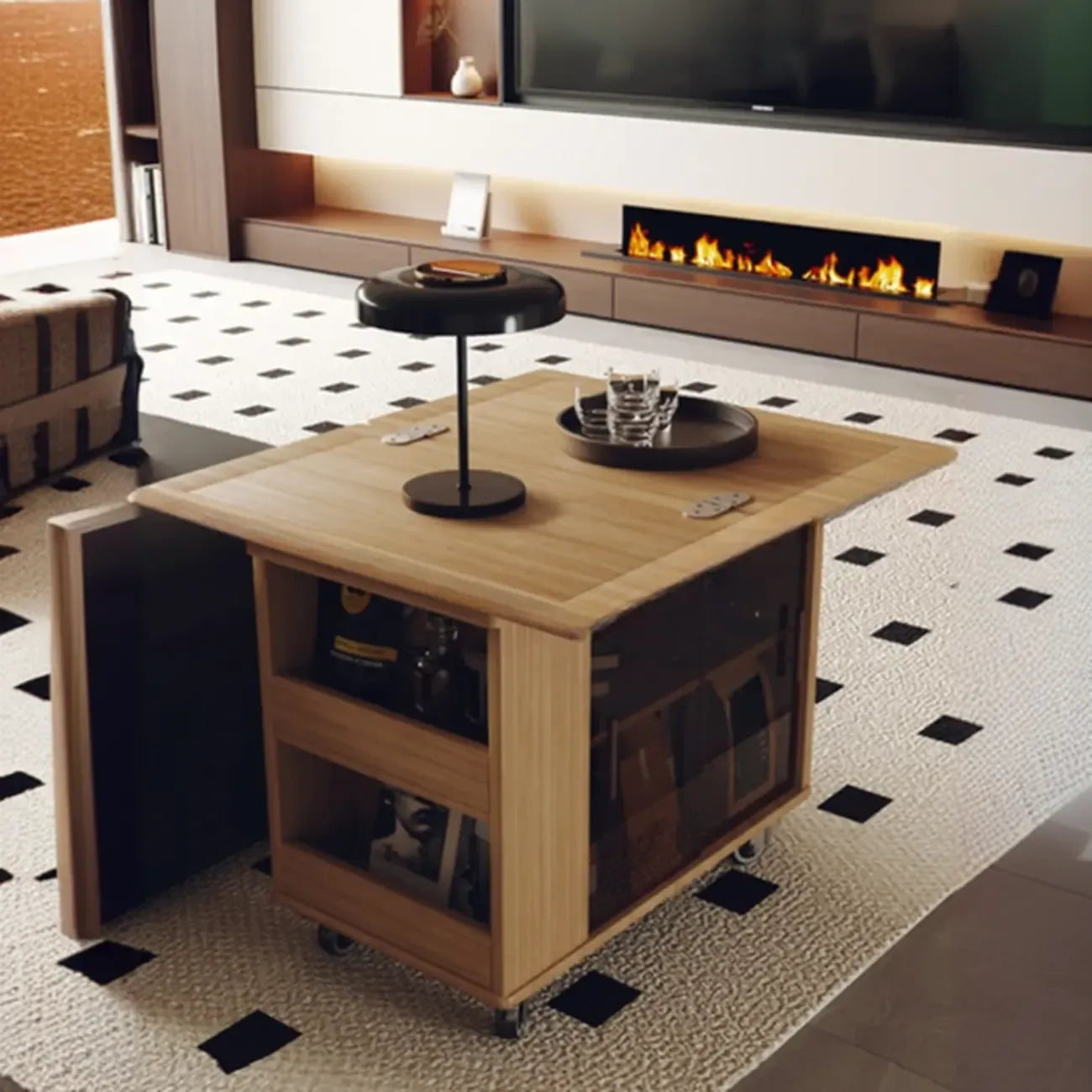 Modern Folding Table Top Wood Mobile Side Table with Wheels