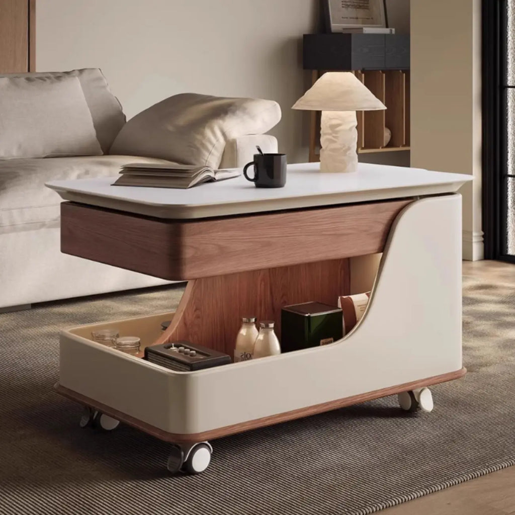 White Adjustable Top Modern Rolling Wood Side Table
