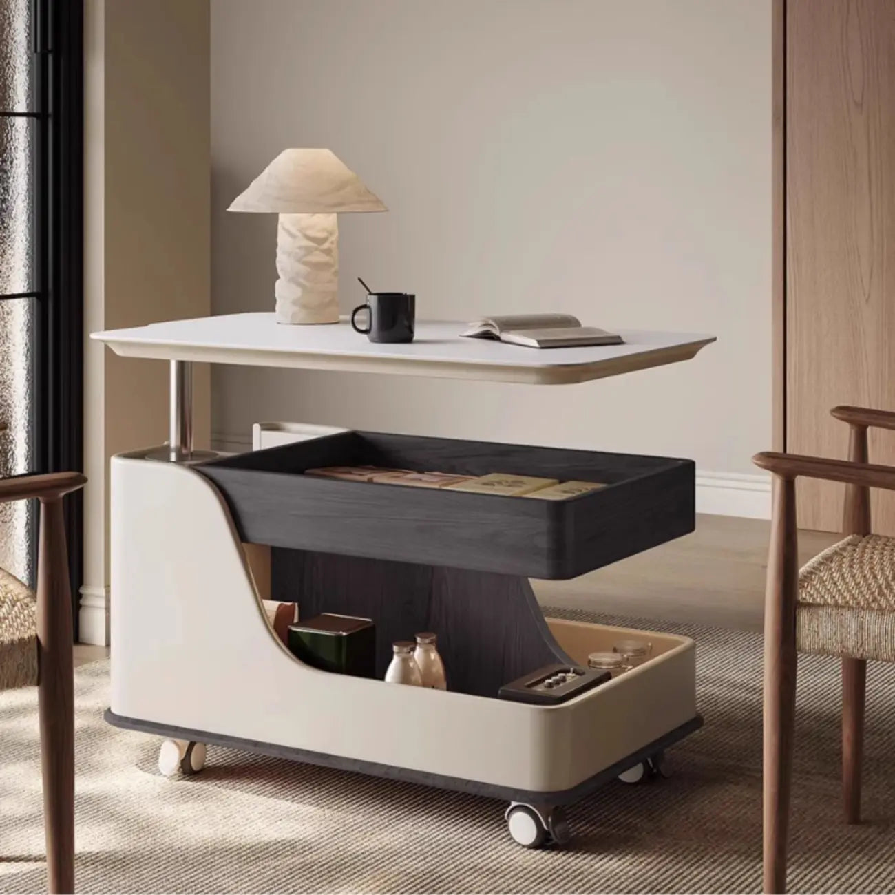 White Adjustable Top Modern Rolling Wood Side Table