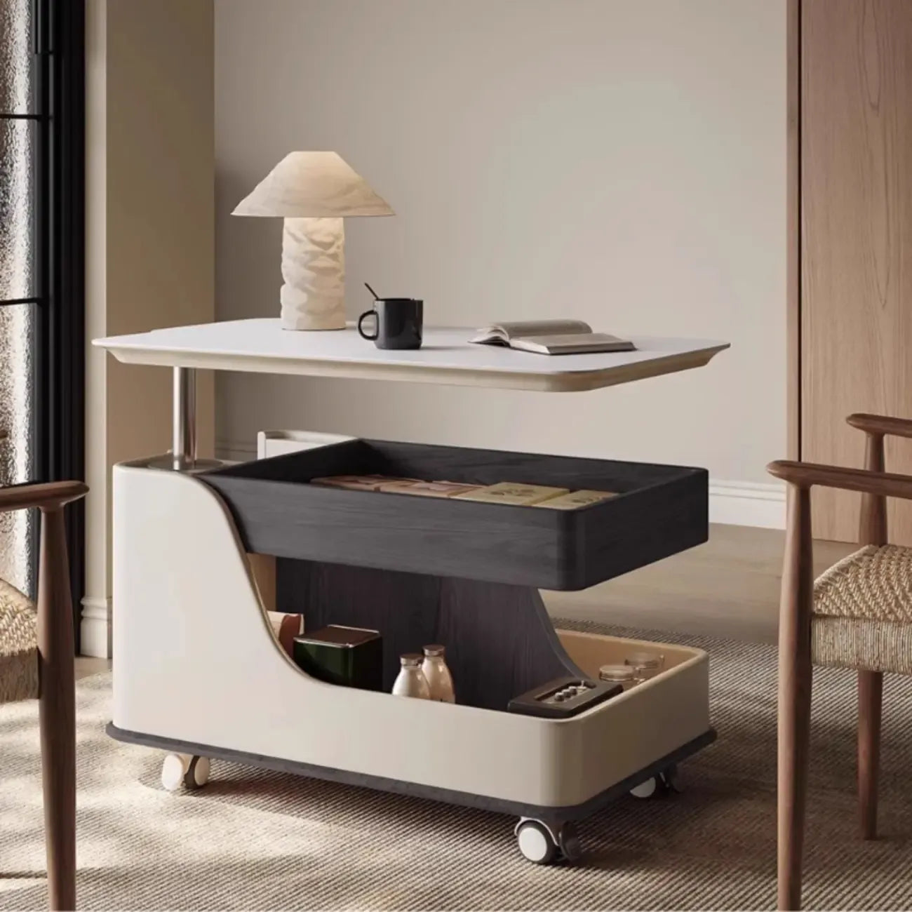 White Adjustable Top Modern Rolling Wood Side Table