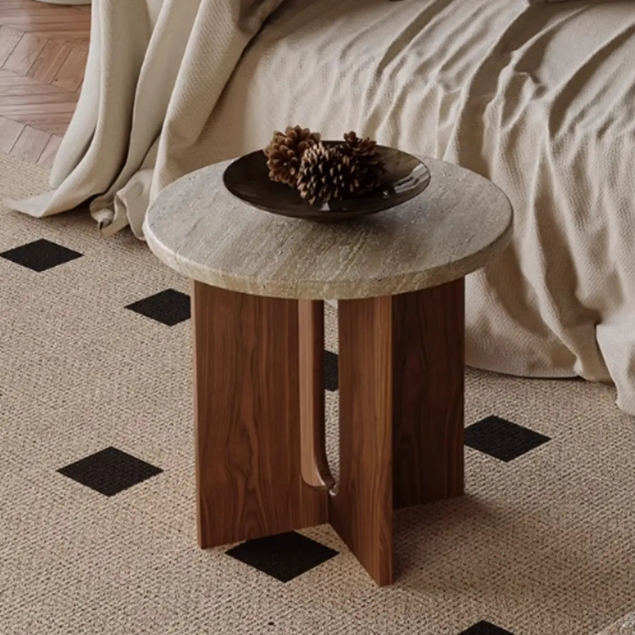Modern Travertine TOP Round Accent Table with Wood Base