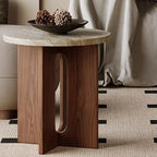 Modern Travertine TOP Round Accent Table with Wood Base