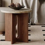 Modern Travertine TOP Round Accent Table with Wood Base