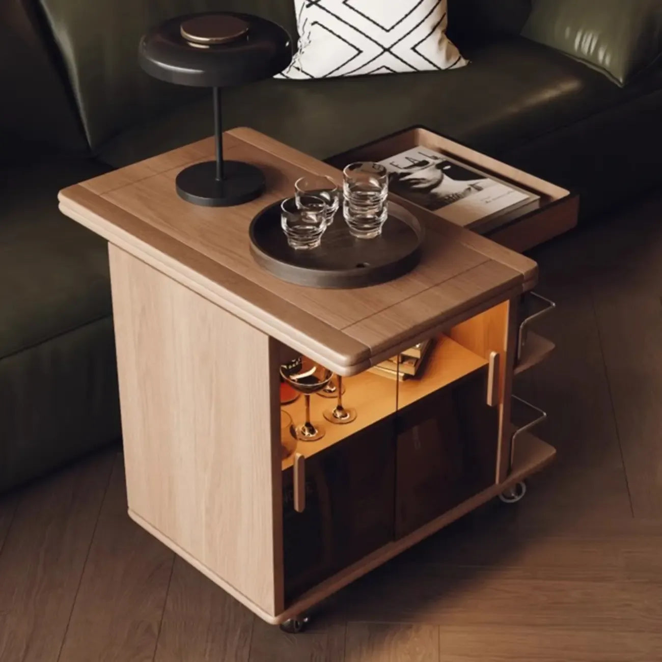 Natural Foldable Top Wood Storage Mobile Side Table