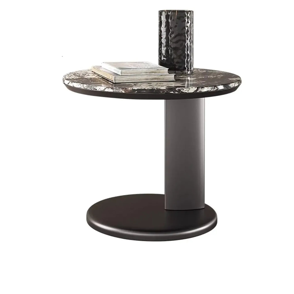 Modern Black Round C-shaped Side Table With Stone Top