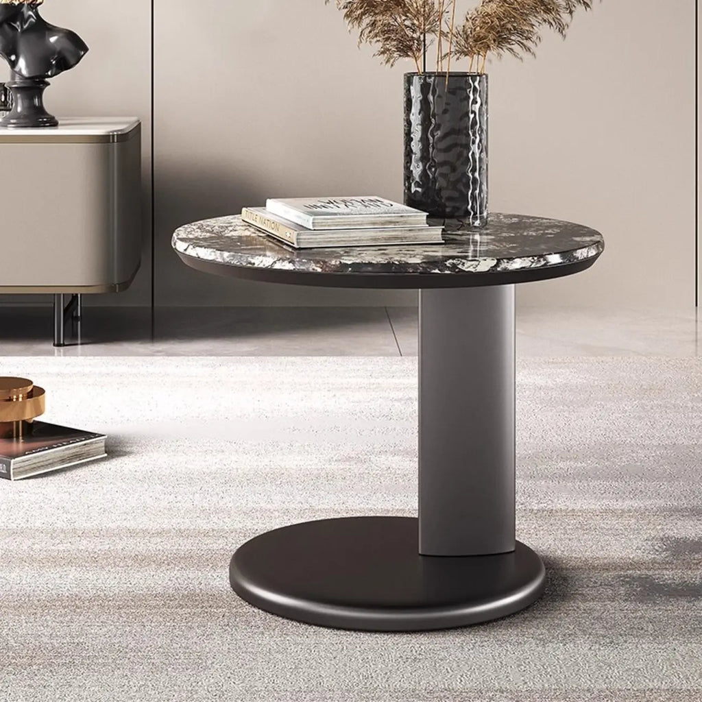 Modern Black Round C-shaped Side Table With Stone Top