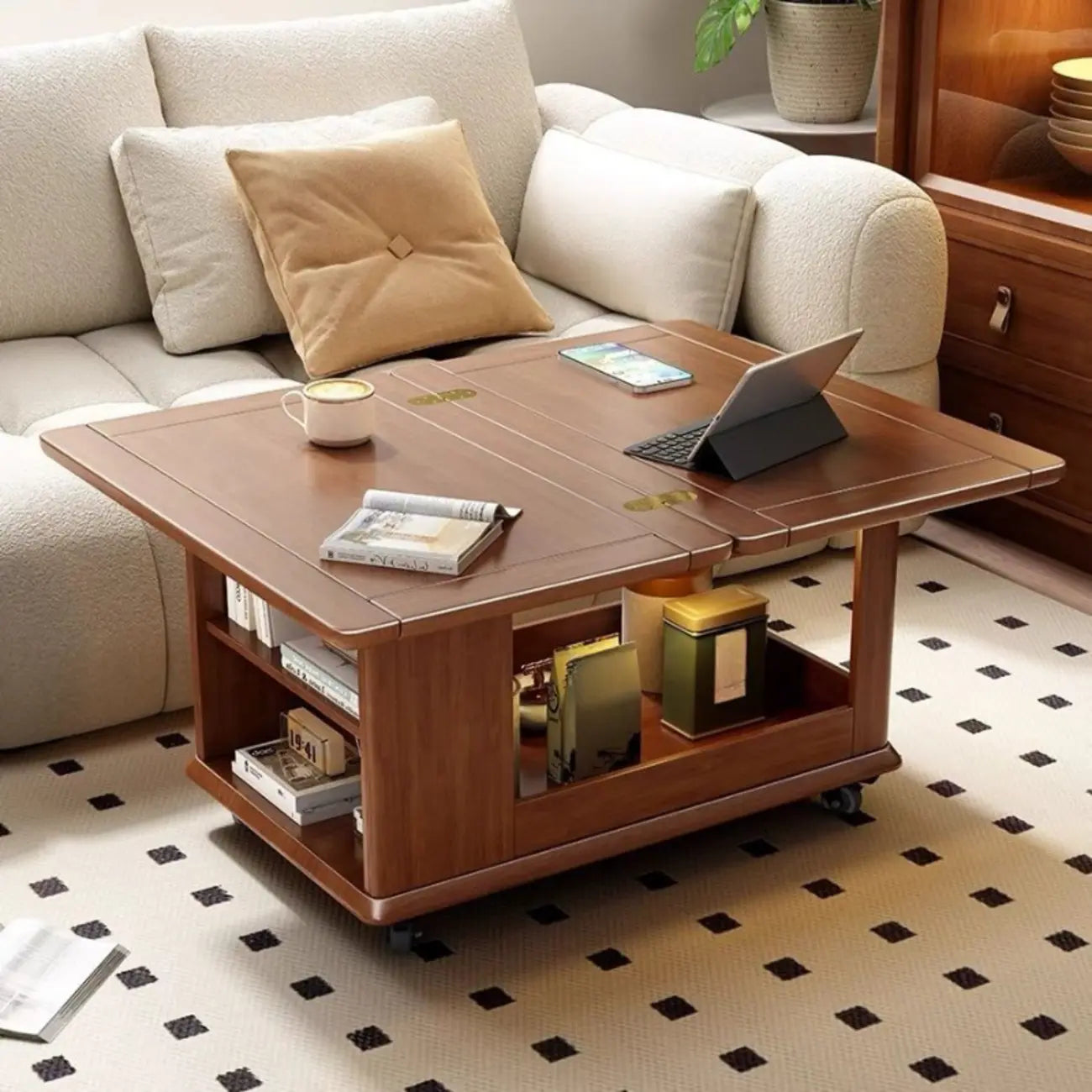 Rolling Open Storage Wooden Side Table Folding Top
