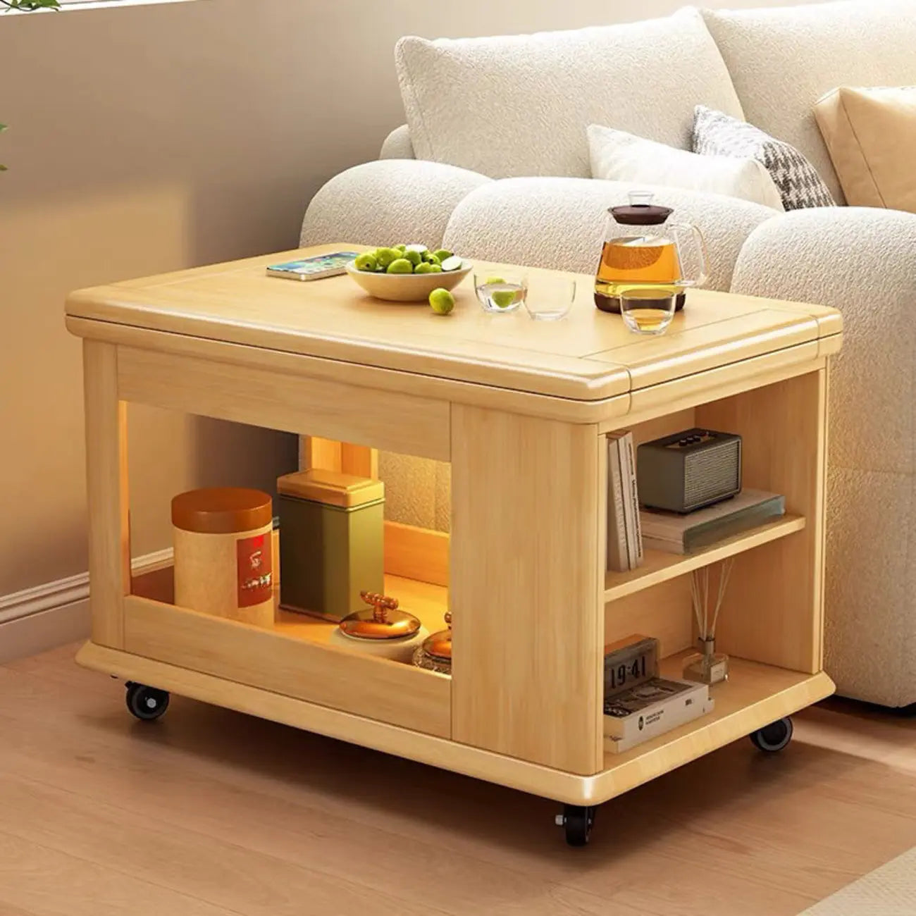 Rolling Open Storage Wooden Side Table Folding Top