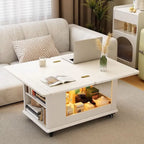 Rolling Open Storage Wooden Side Table Folding Top