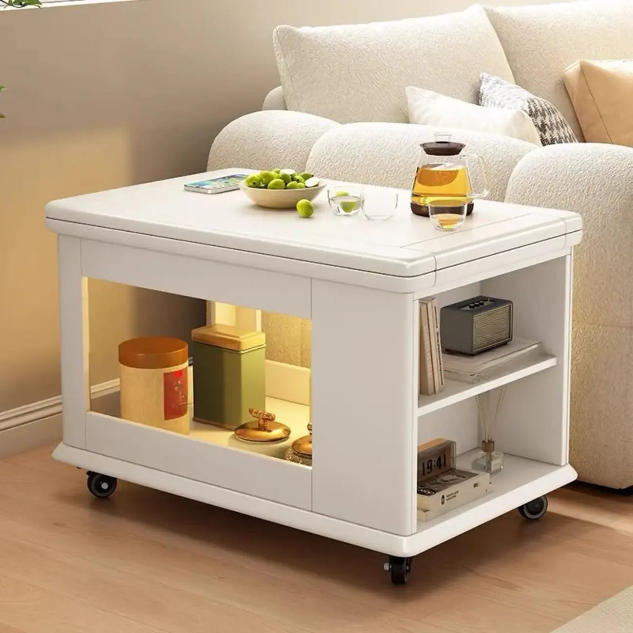 Rolling Open Storage Wooden Side Table Folding Top