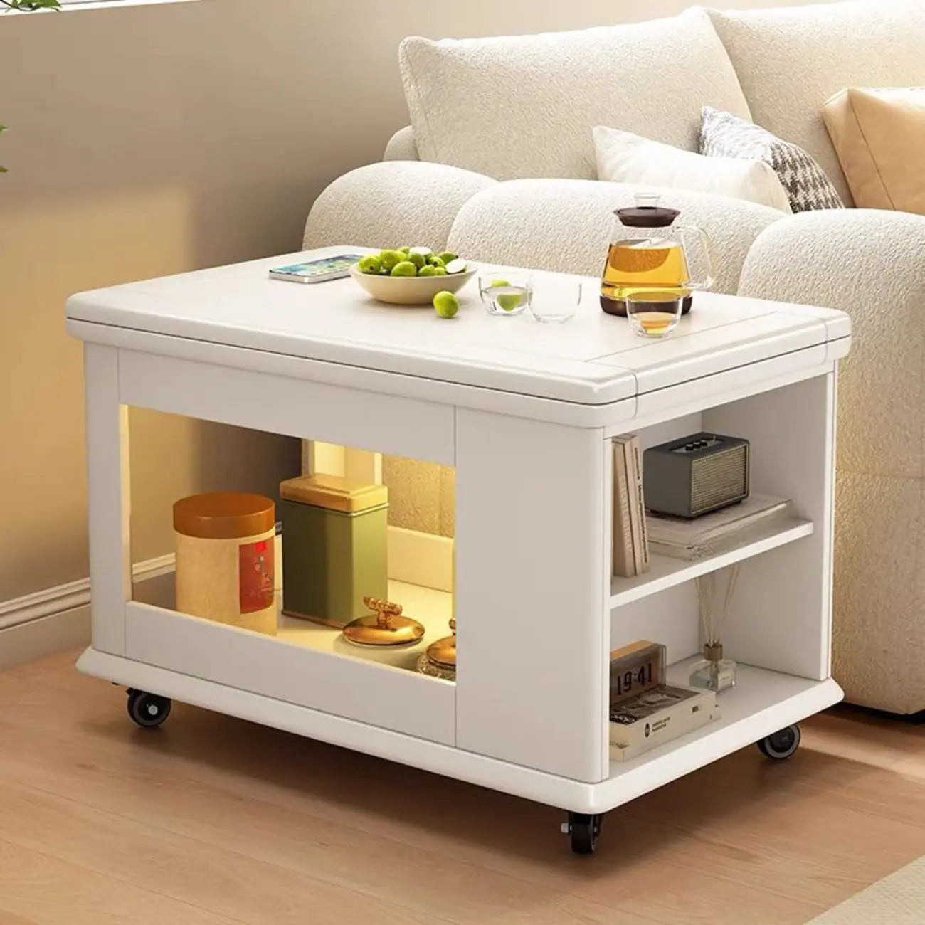 Rolling Open Storage Wooden Side Table Folding Top
