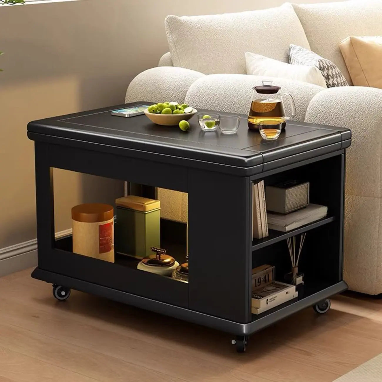 Rolling Open Storage Wooden Side Table Folding Top