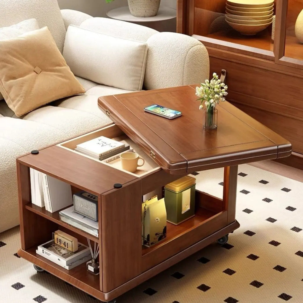 Rolling Open Storage Wooden Side Table Folding Top
