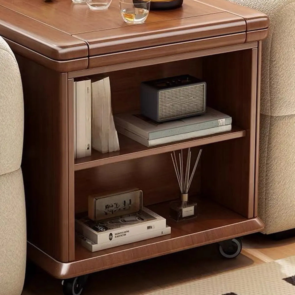 Rolling Open Storage Wooden Side Table Folding Top