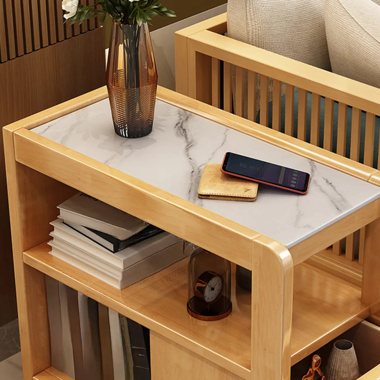Narrow Sintered Stone Top Wheeled Side Table with Drawers