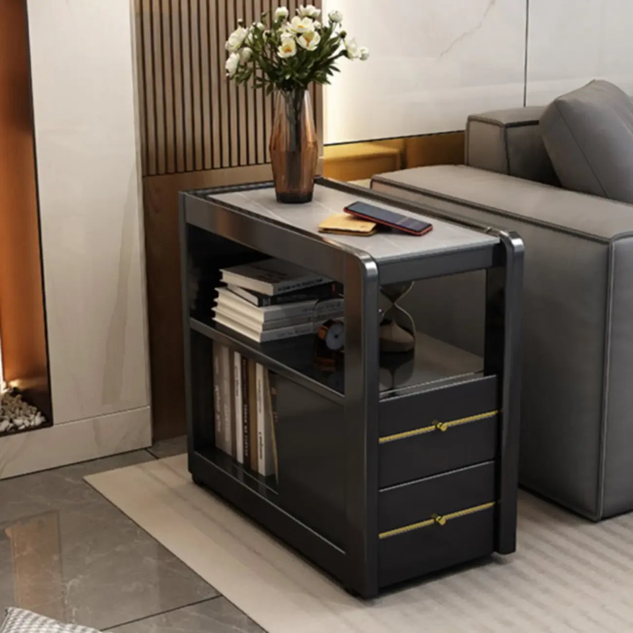 Narrow Sintered Stone Top Wheeled Side Table with Drawers