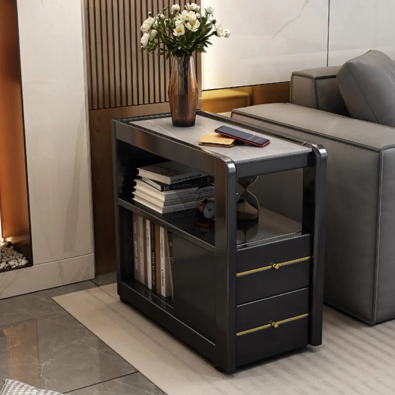 Narrow Sintered Stone Top Wheeled Side Table with Drawers