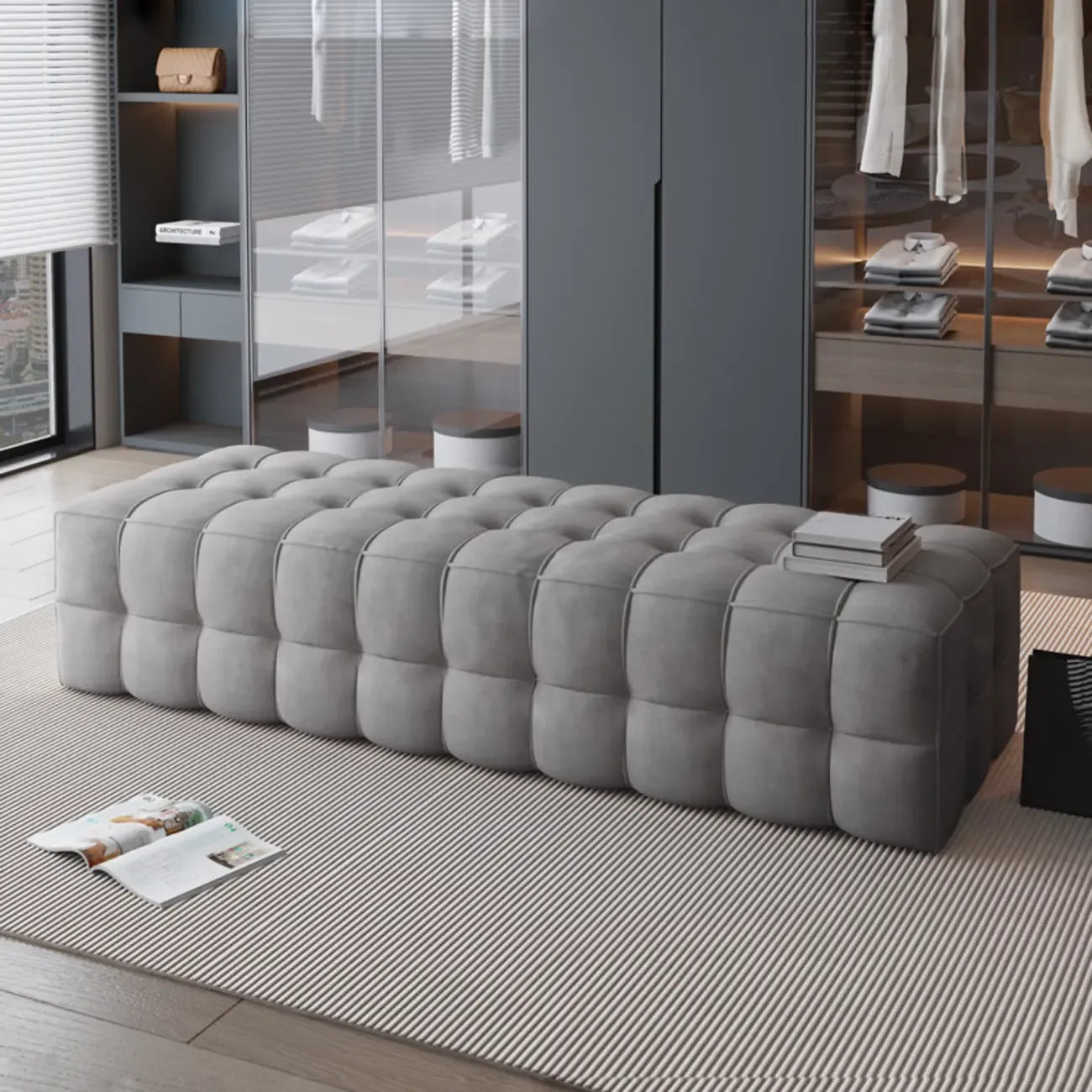 Contemporary Soft Gray Long Upholstered Bedroom Bench