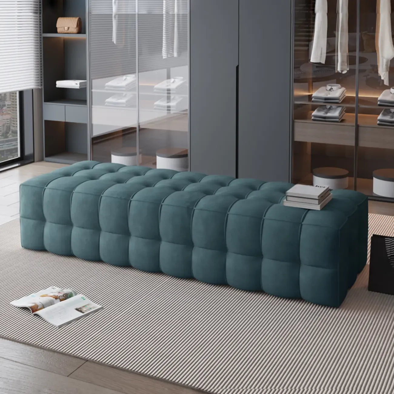 Contemporary Soft Gray Long Upholstered Bedroom Bench