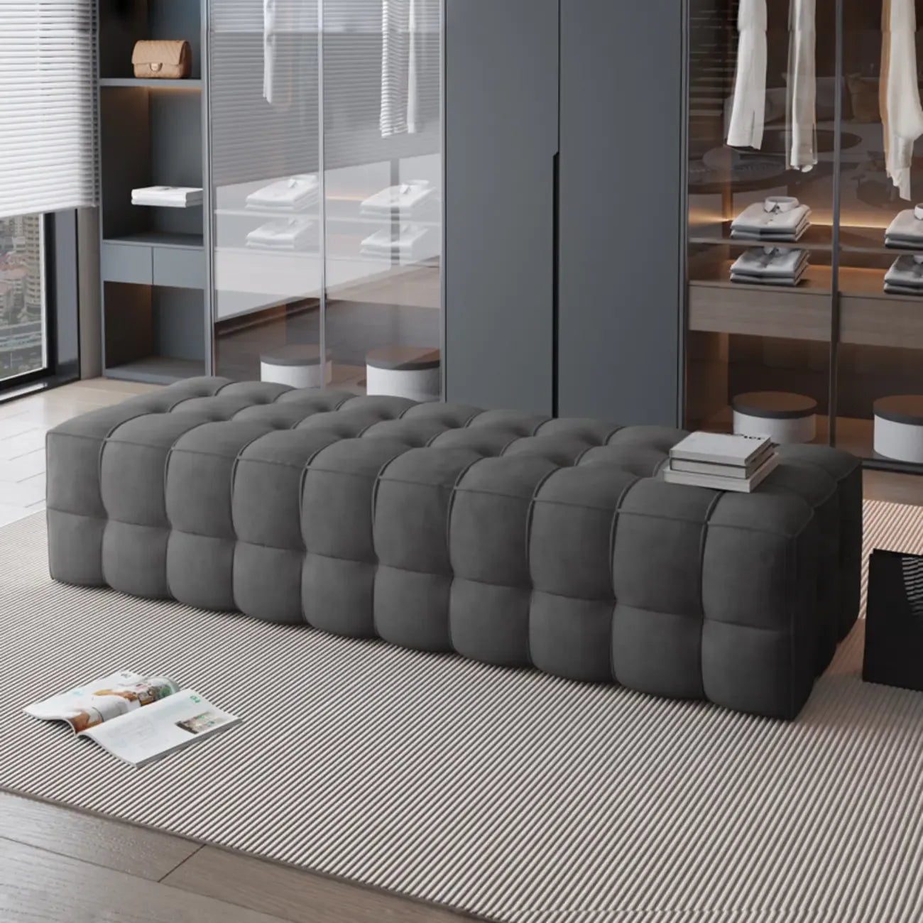 Contemporary Soft Gray Long Upholstered Bedroom Bench