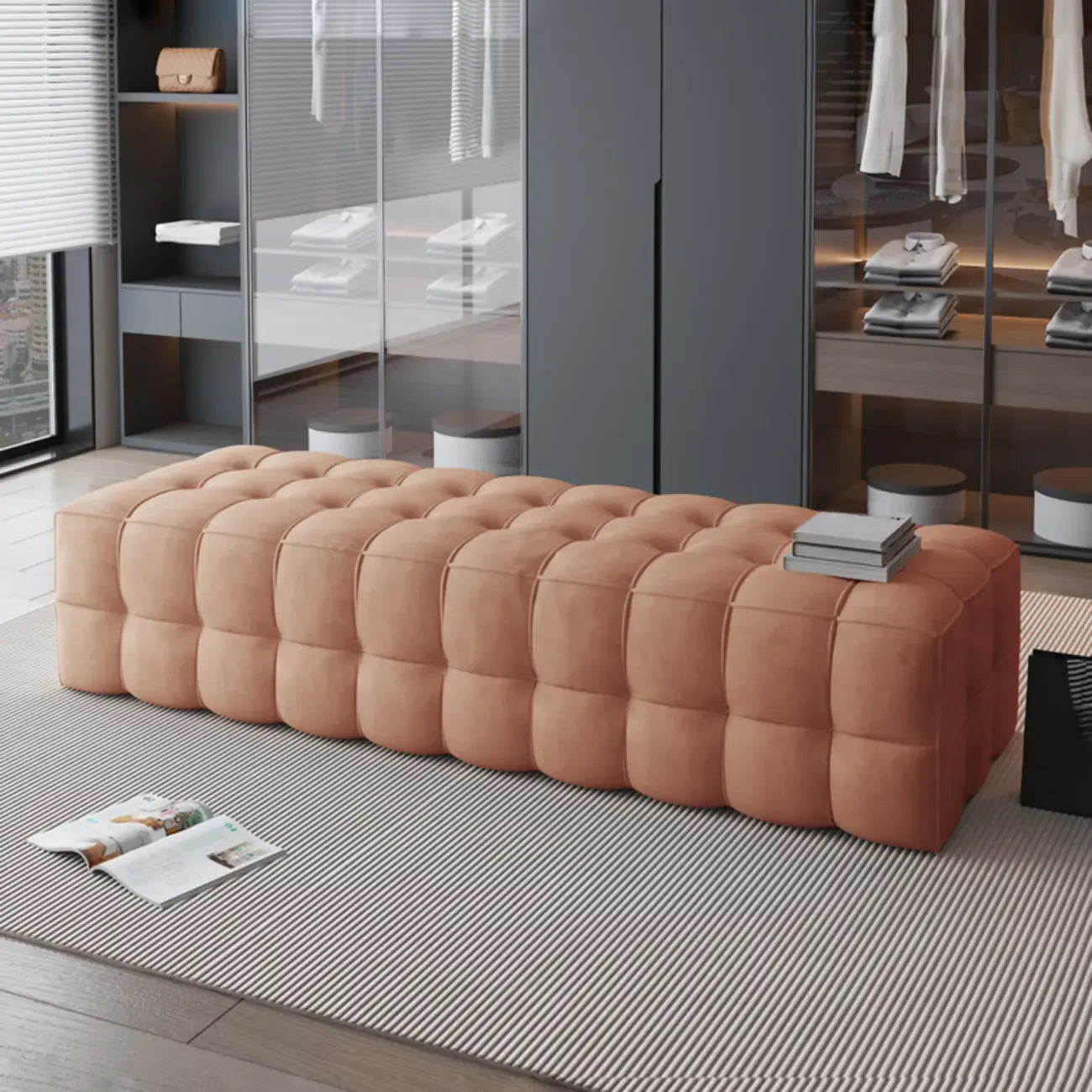 Contemporary Soft Gray Long Upholstered Bedroom Bench