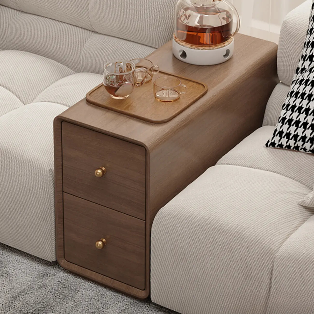 Narrow Rectangle Walnut Wood Side Table with Drawers