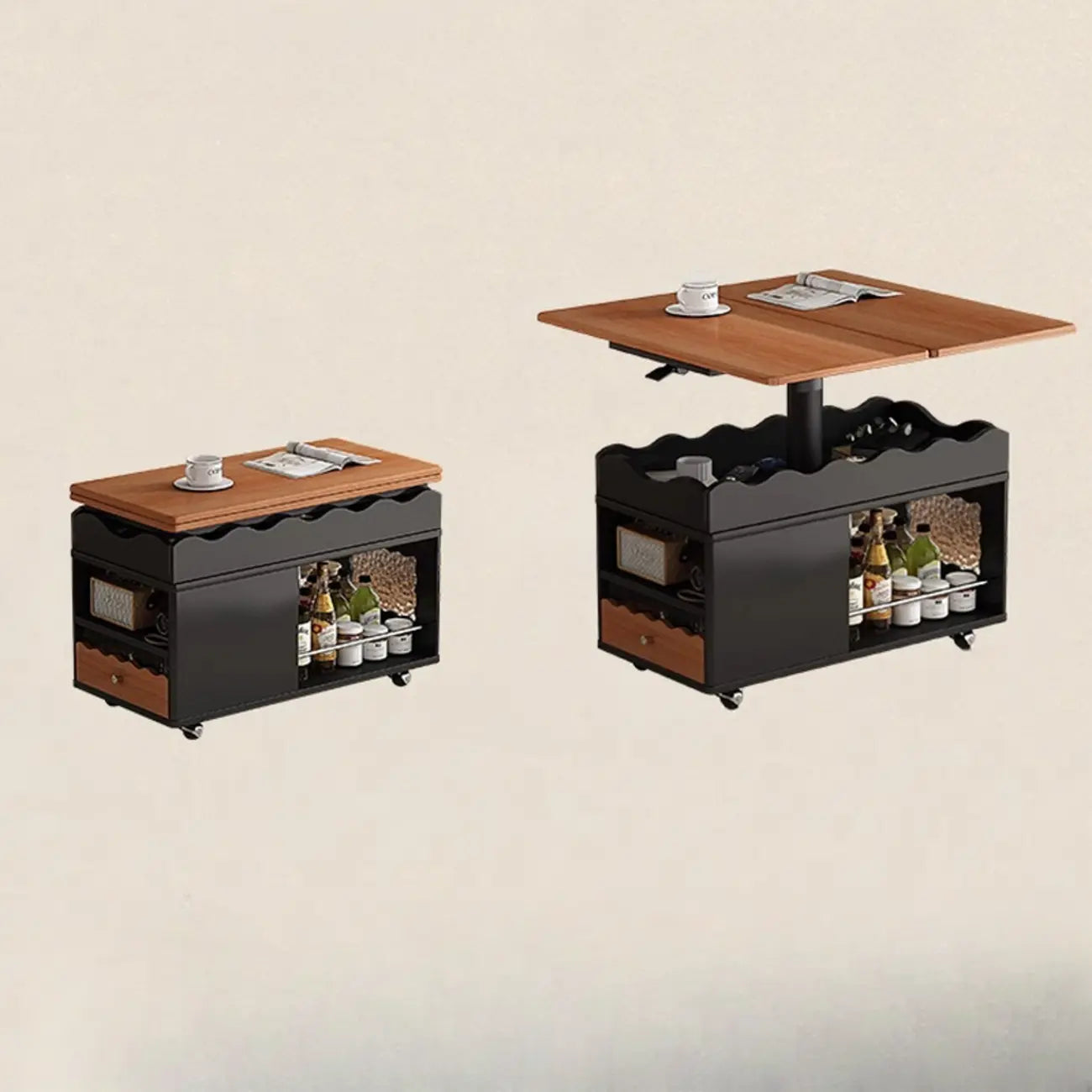 Foldable Tabletop Adjustable Wood Rolling Storage Cart