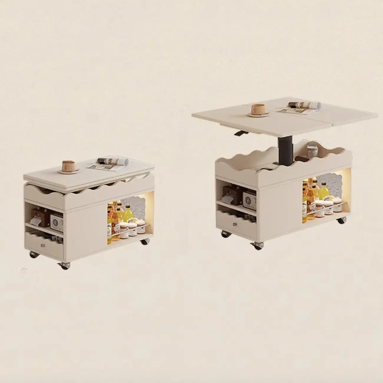 Foldable Tabletop Adjustable Wood Rolling Storage Cart