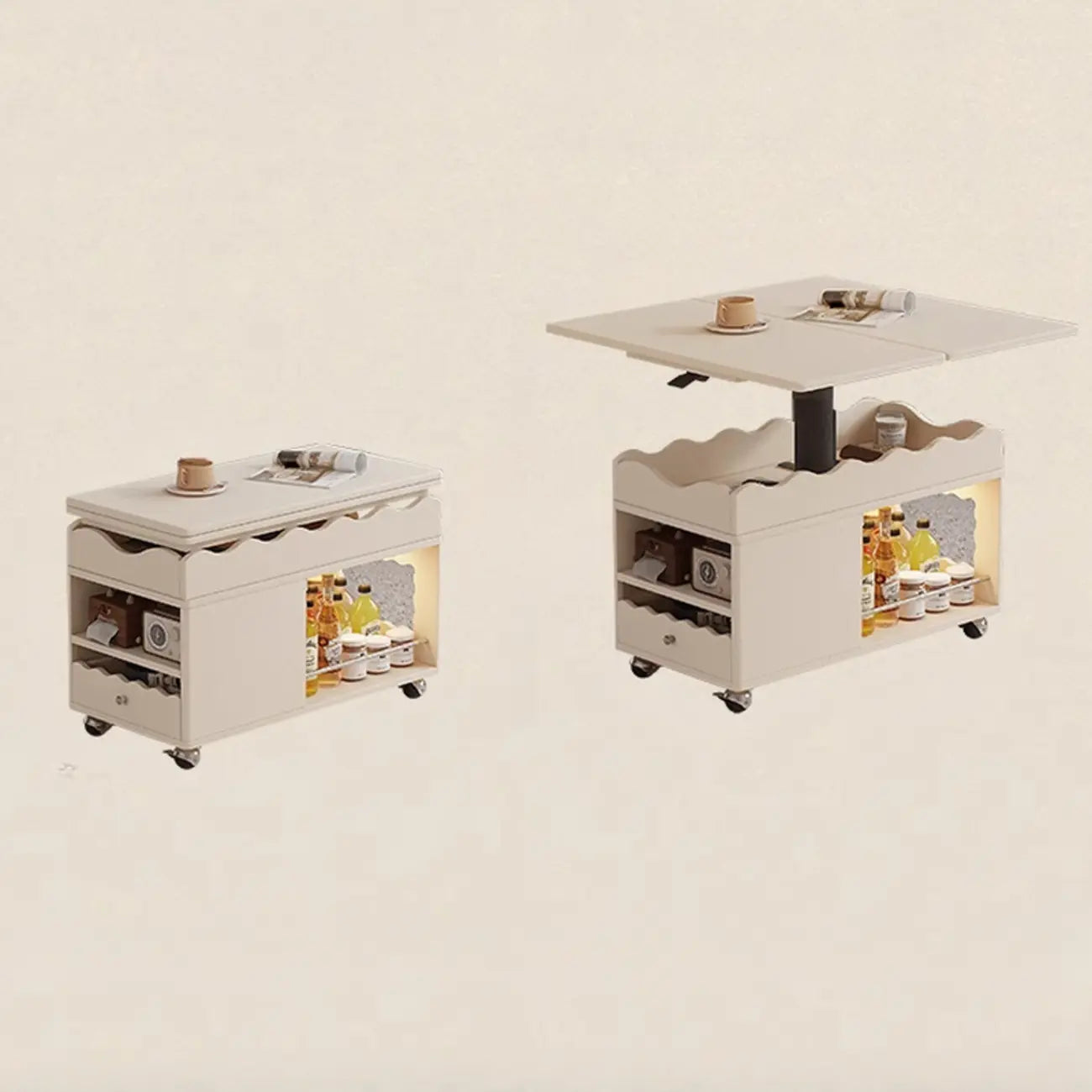 Foldable Tabletop Adjustable Wood Rolling Storage Cart