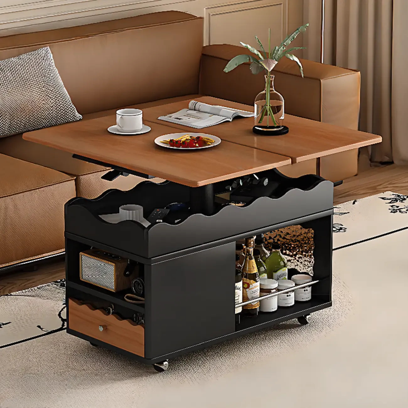 Foldable Tabletop Adjustable Wood Rolling Storage Cart