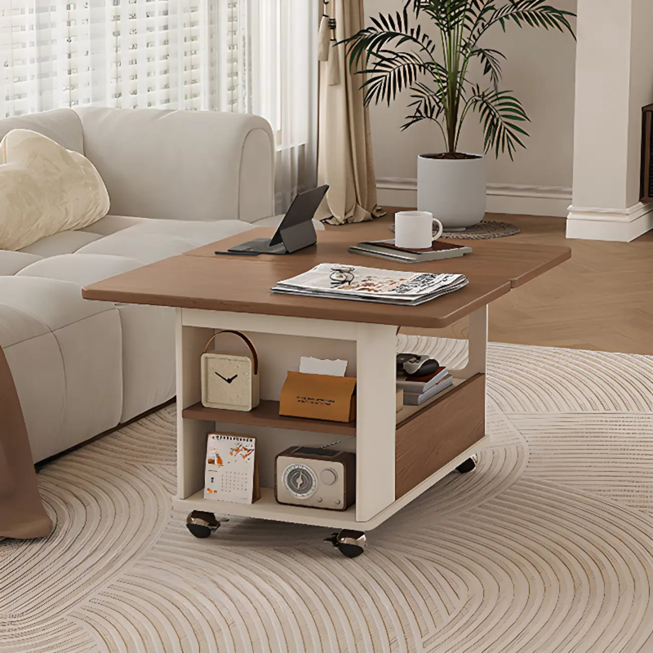 Foldable Tabletop Adjustable Wood Rolling Storage Cart