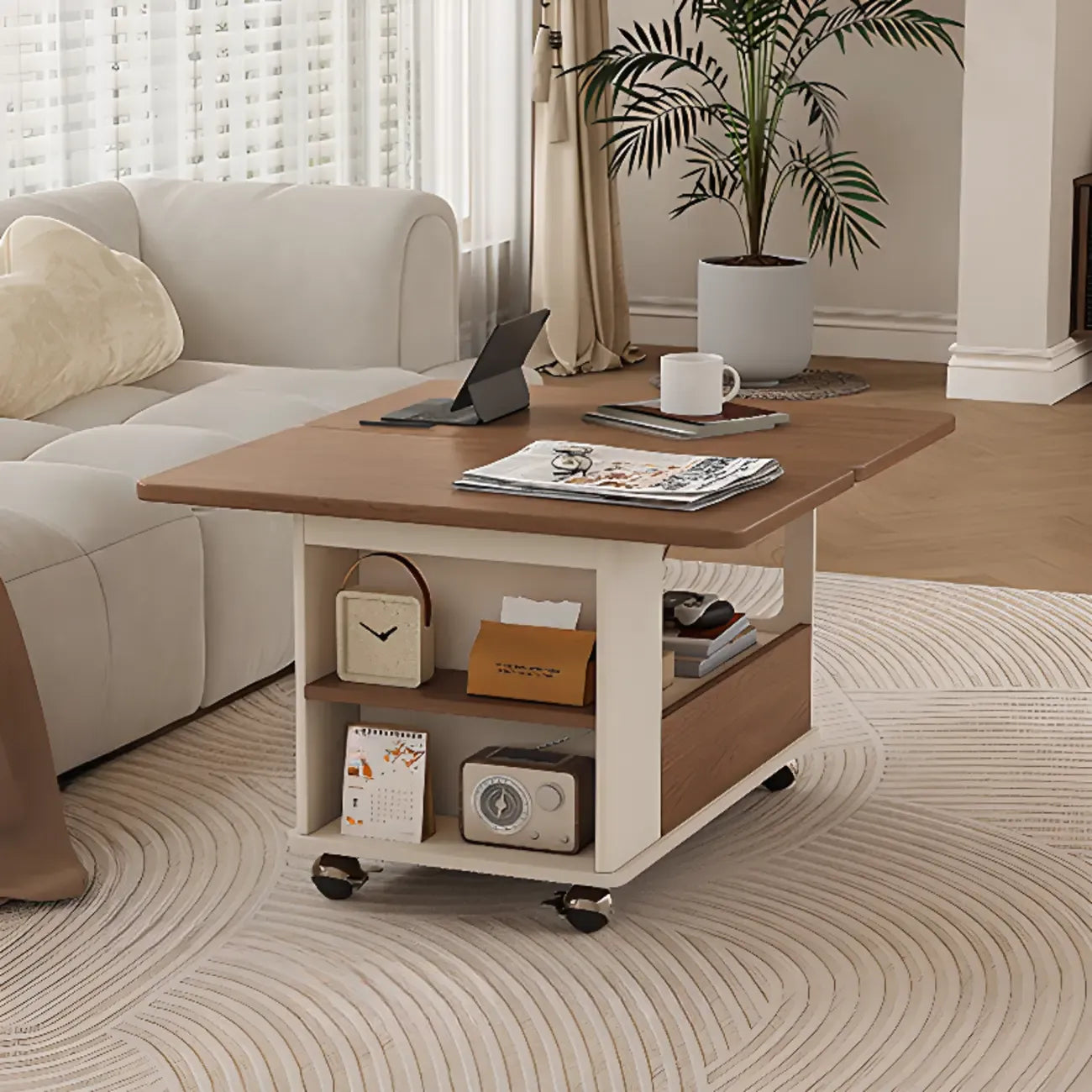 Foldable Tabletop Adjustable Wood Rolling Storage Cart
