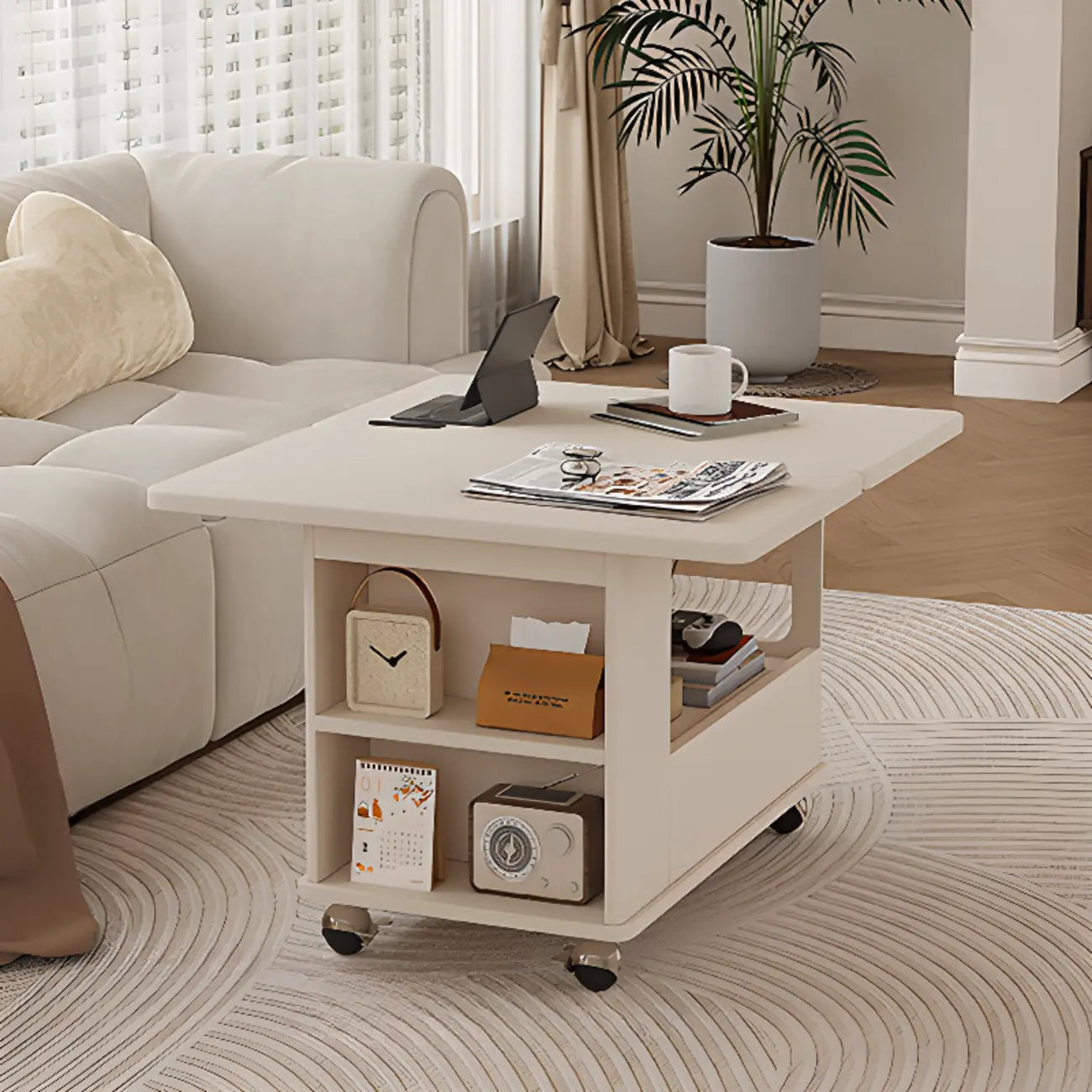 Foldable Tabletop Adjustable Wood Rolling Storage Cart