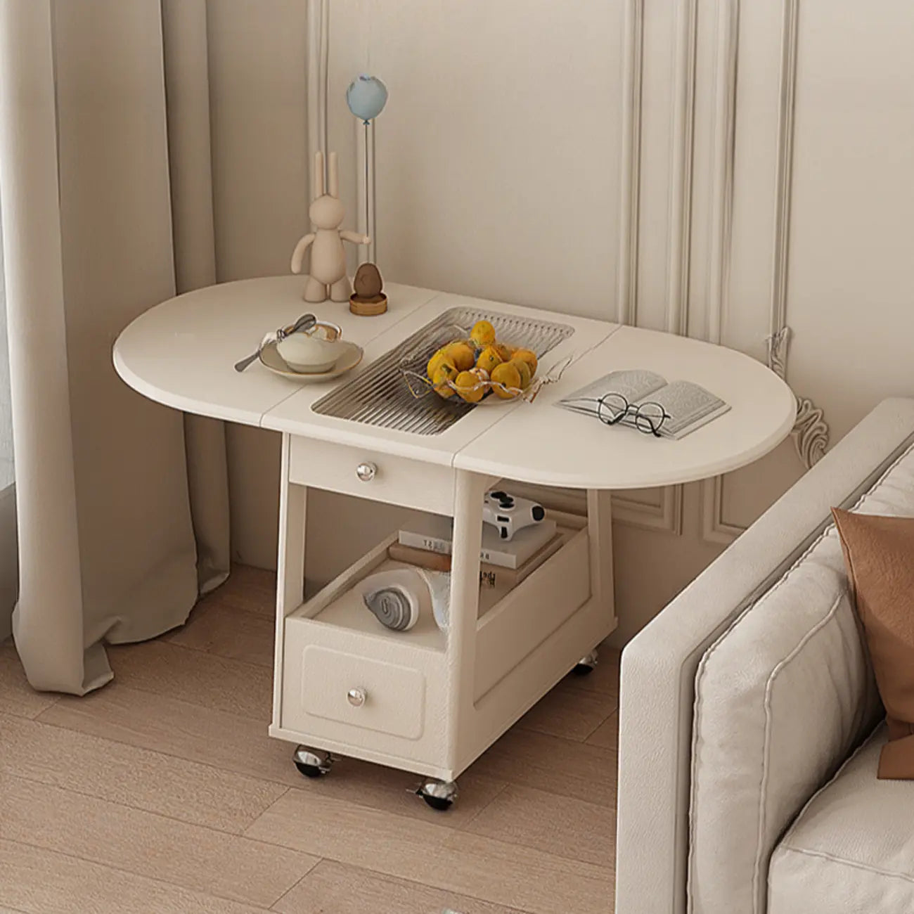 Foldable Wood White Modern Wheeled Small Side Table